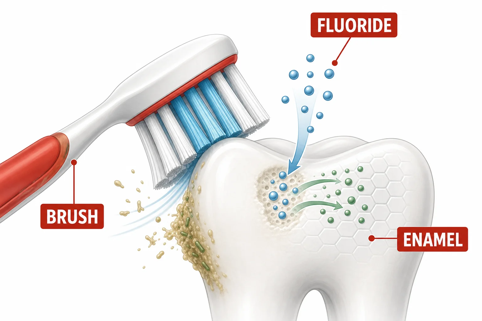 Fluoride particles from toothpaste helping minerals return to a weak enamel spot after plaque is brushed away.