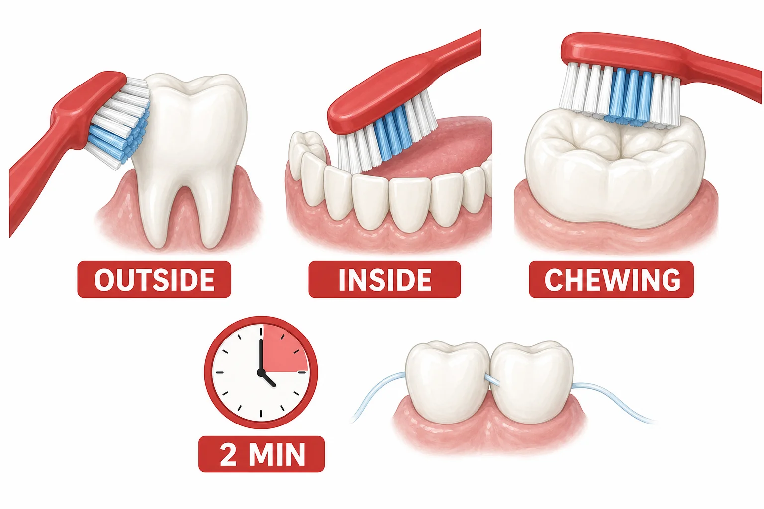 A child-friendly brushing routine diagram showing a toothbrush cleaning outside, inside, and chewing tooth surfaces.