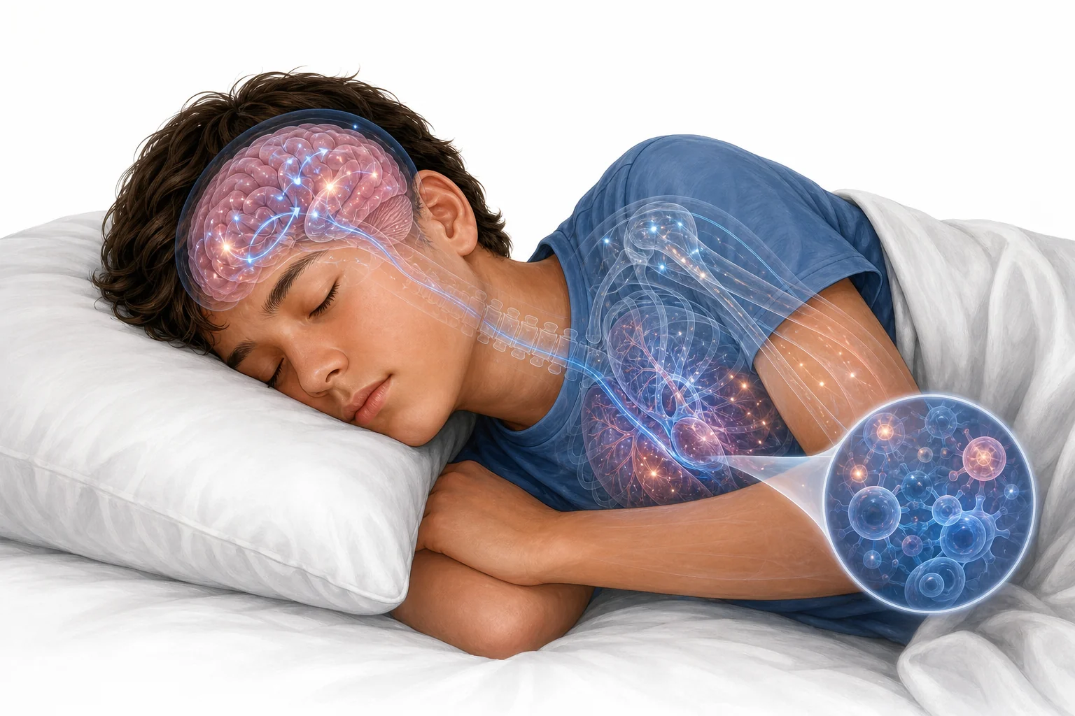 A middle-school student sleeping while simple diagrams show the brain, muscles, and hormones doing repair and learning tasks during the night.