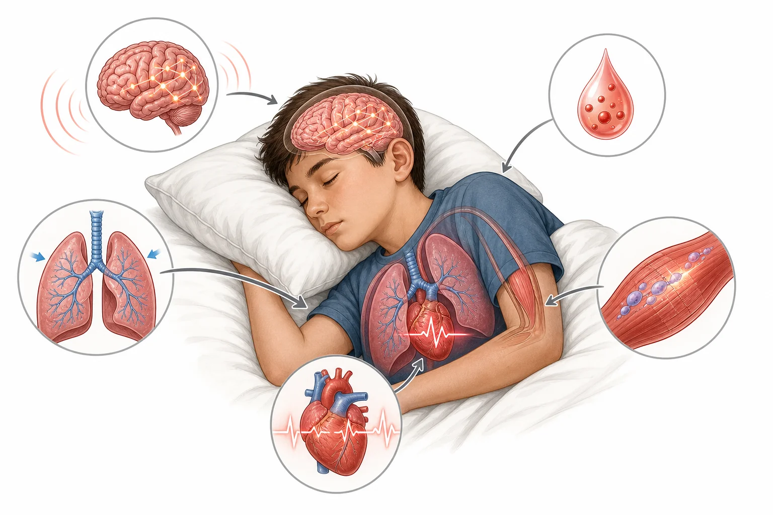 A sleeping student with simplified icons for brain signals, heartbeat, breathing, muscle repair, and hormone release around the bed.