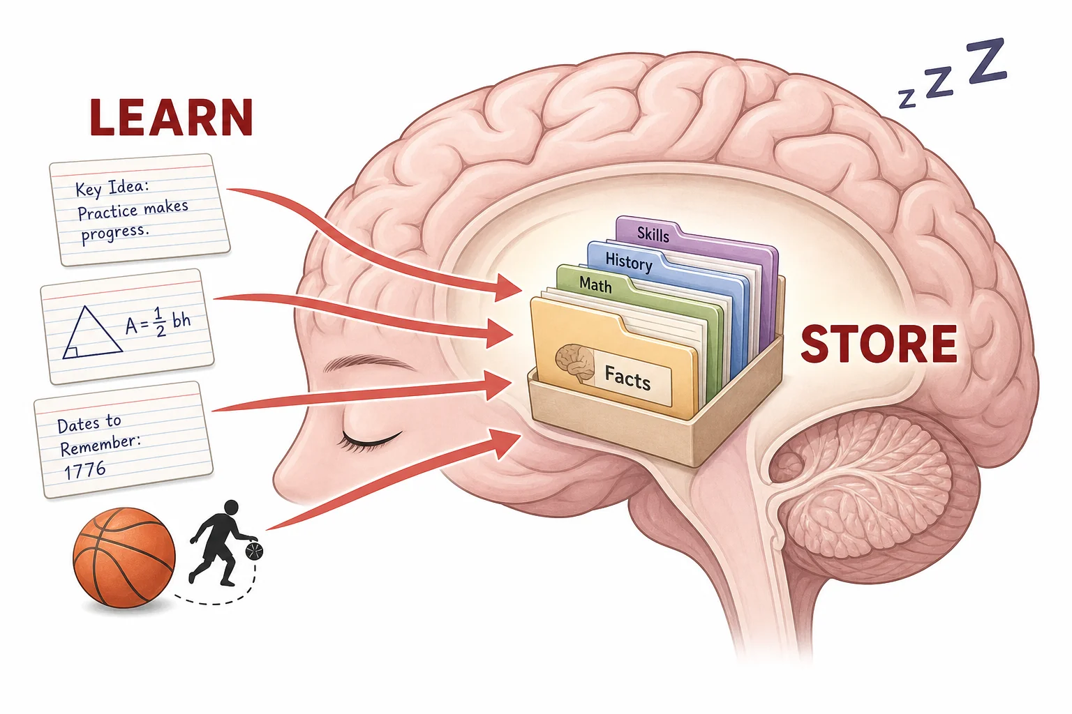 A simple diagram of daytime learning cards moving into a sleeping brain and then into organized memory folders.