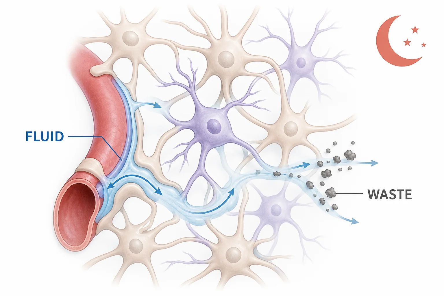 A simplified close-up of brain cells with blue fluid pathways moving waste particles away during sleep.