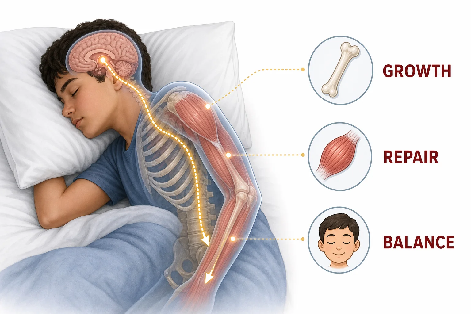 A diagram showing deep sleep linked to growth hormone release, tissue repair, and balanced hunger signals in a growing student.