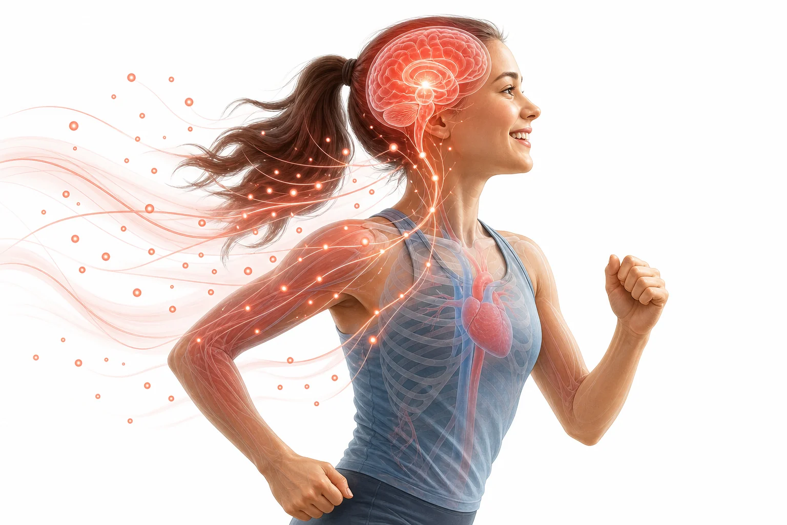 A student jogging while simplified brain, heart, and muscle diagrams show body systems working together during exercise