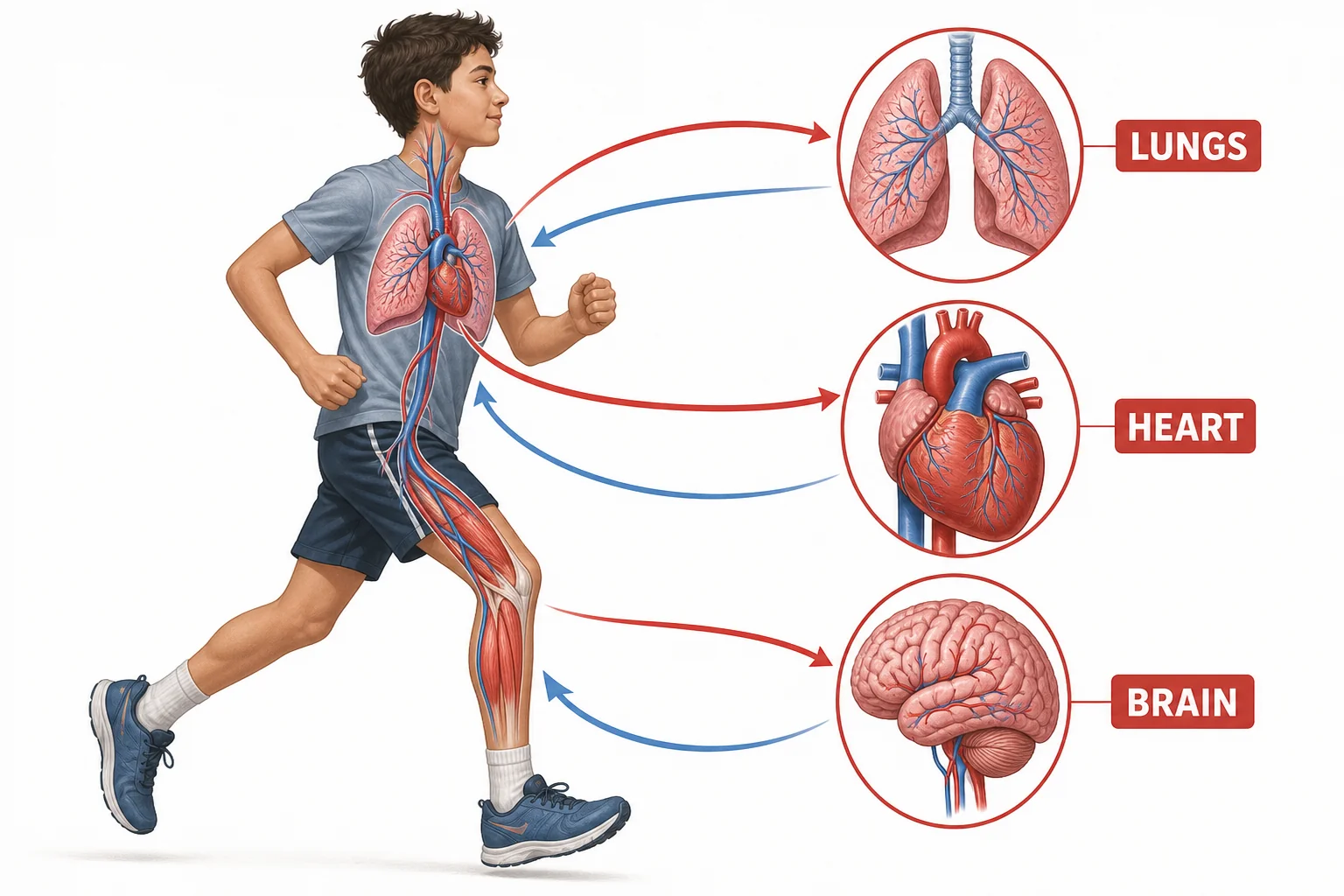 Diagram of a student running with arrows showing oxygen moving from lungs to heart to muscles and brain