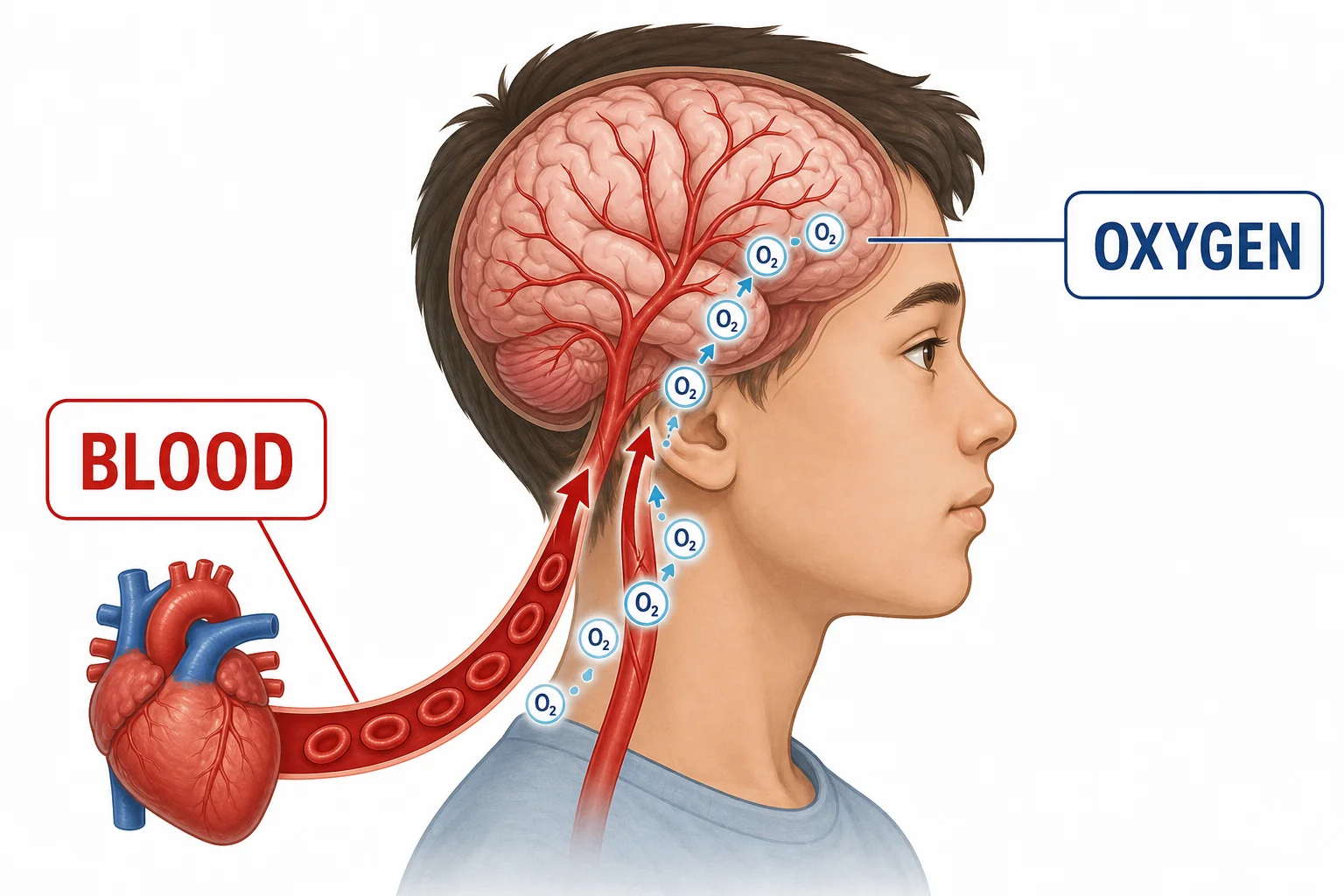 Simplified head and brain diagram showing increased blood flow and oxygen delivery during moderate exercise