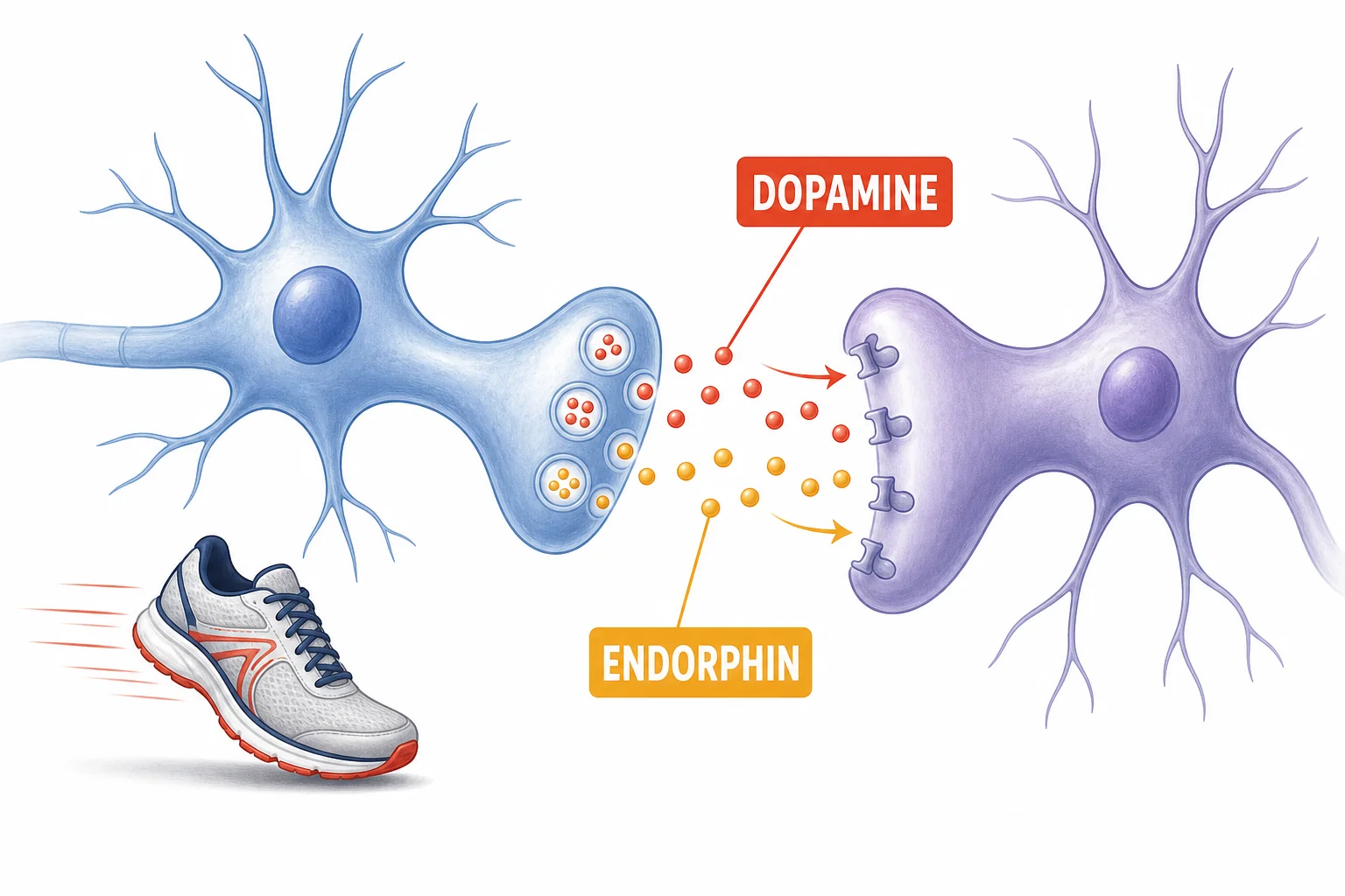 Brain cell diagram showing chemical messengers crossing a synapse after exercise