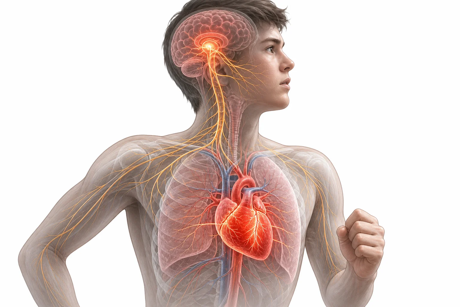 Diagram of a teenager experiencing stress, with the brain, adrenal glands, heart, and blood vessels highlighted to show the body response.