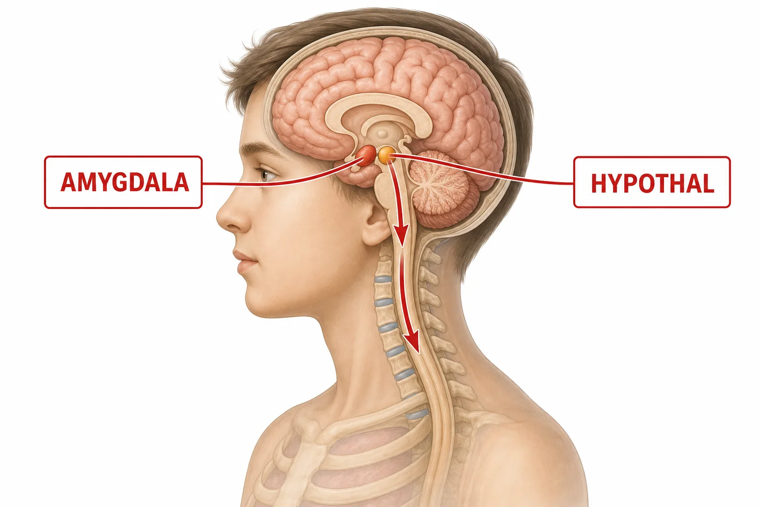 Brain diagram showing the amygdala and hypothalamus sending stress signals toward the body.