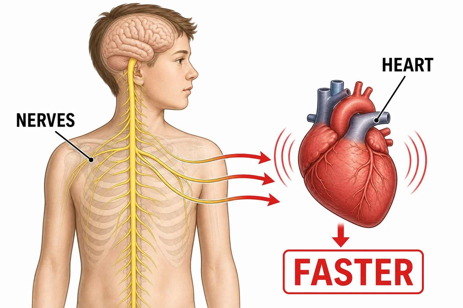 Diagram of sympathetic nerve signals traveling from the spinal cord to the heart and increasing heartbeat.