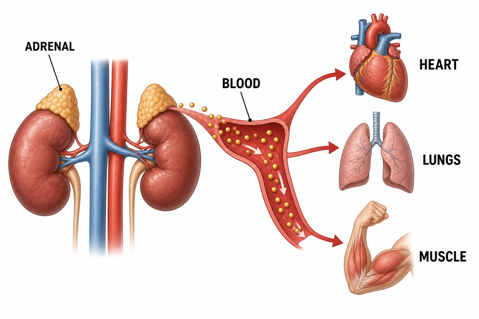 Adrenal glands releasing adrenaline into blood, with arrows showing effects on the heart, lungs, and muscles.