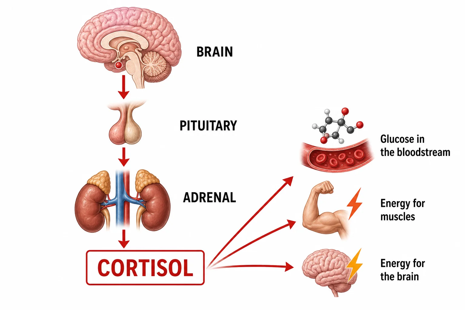Hormone pathway from hypothalamus to pituitary to adrenal cortex, ending with cortisol effects on fuel availability.