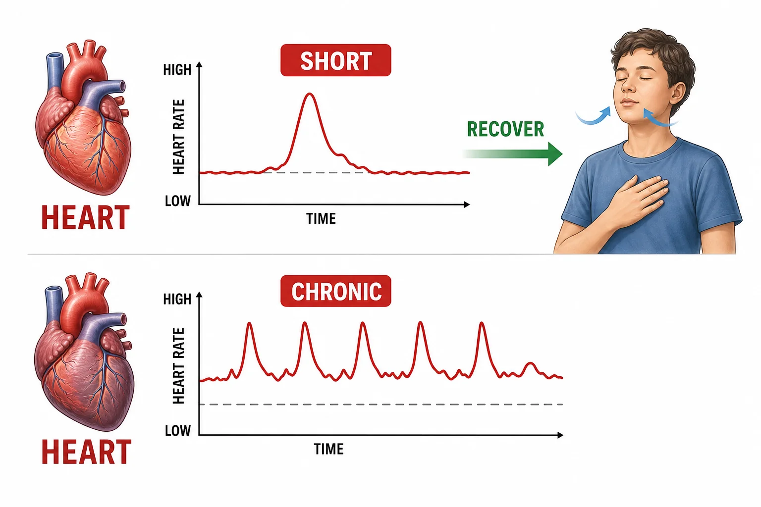 Comparison of short stress and chronic stress, showing recovery after a brief spike versus repeated high-alert signals.