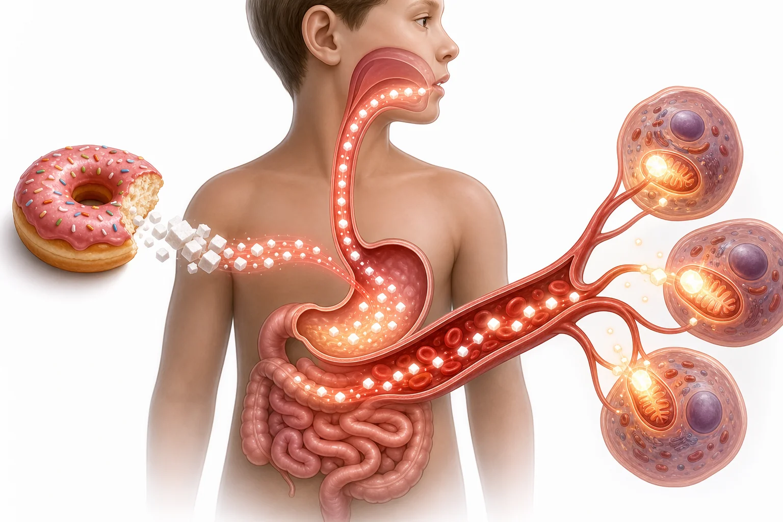 Diagram showing sugar from food moving through digestion into the blood and then into body cells for energy