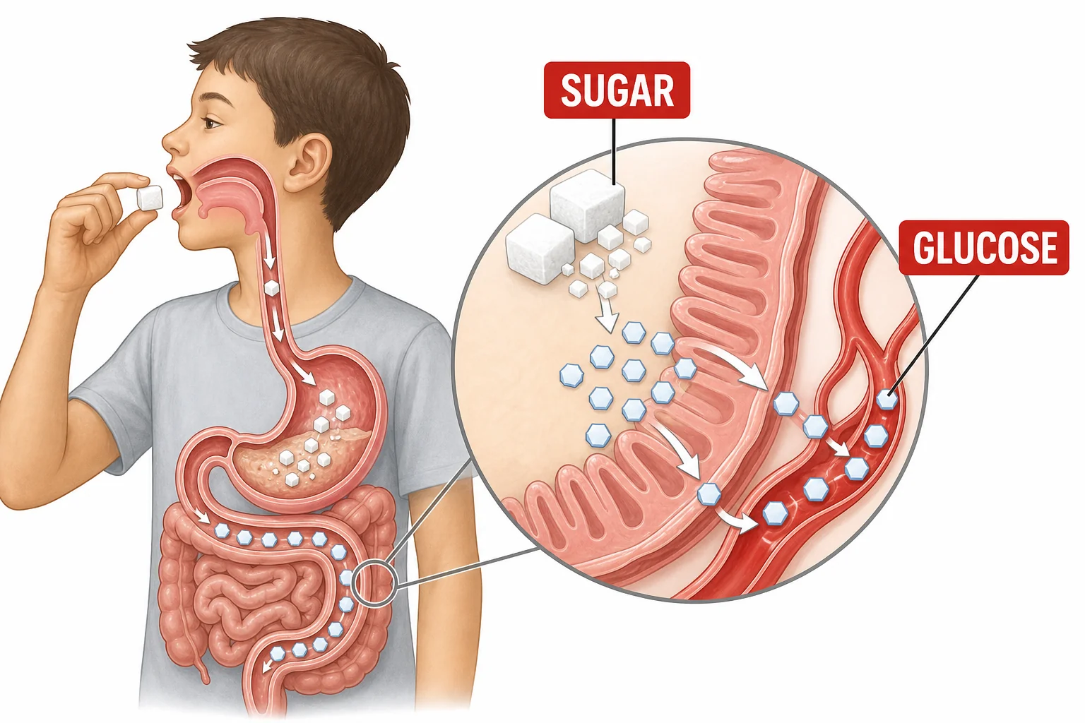 Illustration of sugar molecules being broken into glucose in the digestive tract and absorbed into blood vessels in the small intestine