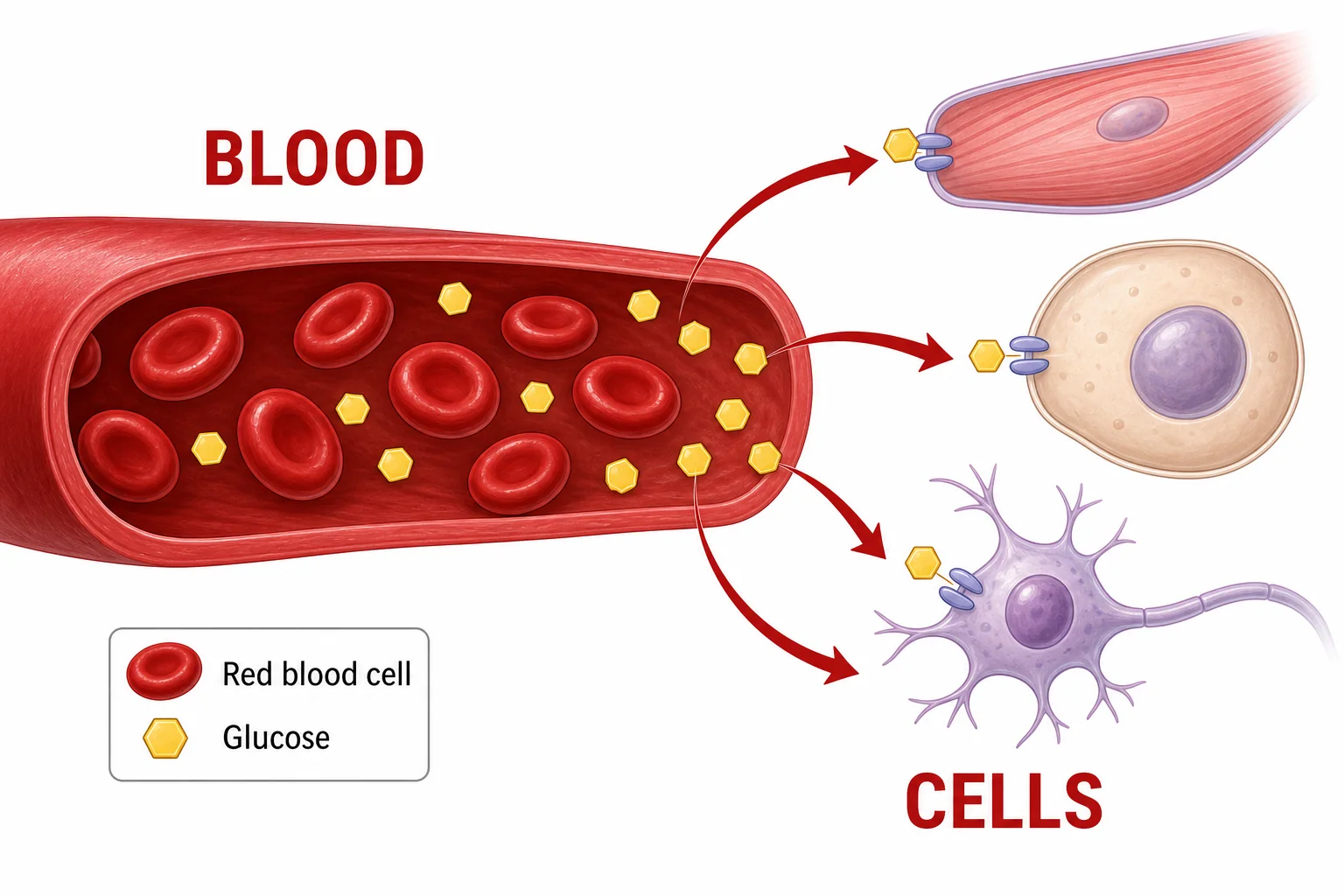 Diagram of glucose molecules traveling in a blood vessel toward body cells such as muscle cells and brain cells