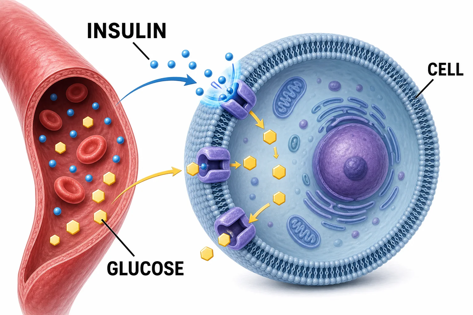 Illustration showing insulin signals helping glucose move from blood into a body cell through membrane transporters