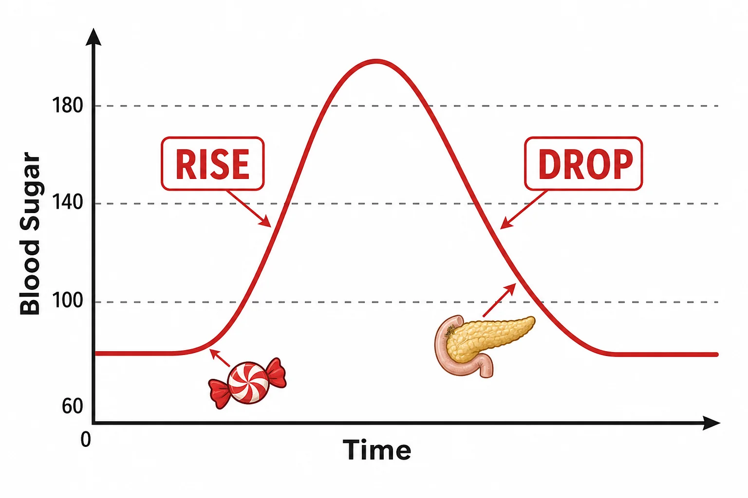 Line graph showing blood sugar rising quickly after a sugary snack and then dropping back down as insulin acts