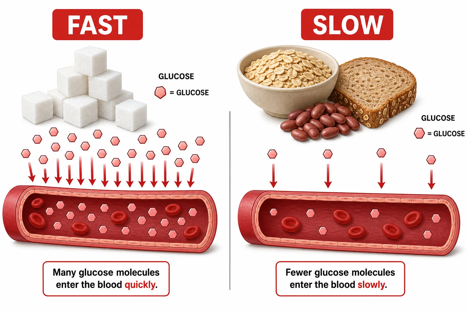 Comparison showing simple sugar entering blood quickly and complex carbohydrates releasing glucose more slowly over time