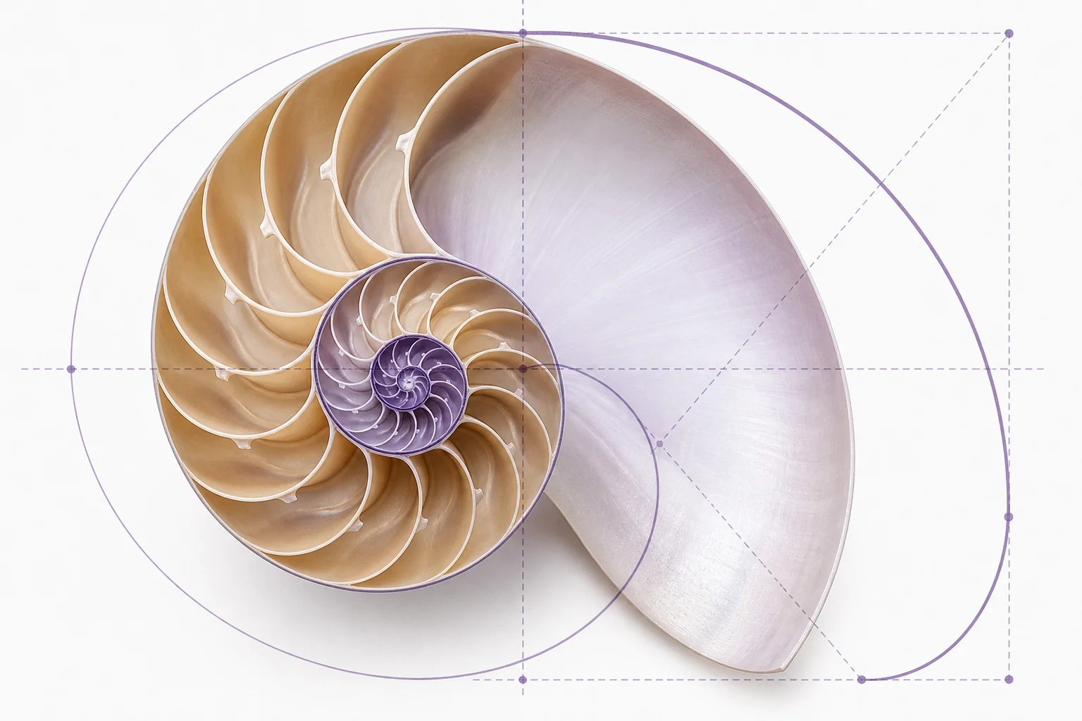 A nautilus shell, sunflower head, galaxy, and pine cone arranged to show spiral patterns in nature