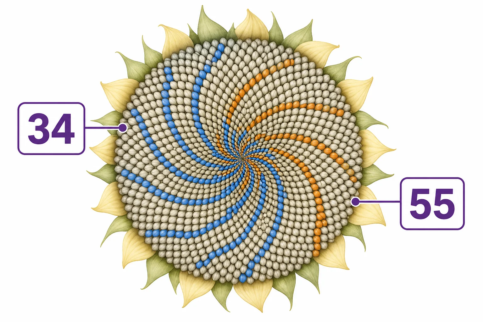 A sunflower head with two sets of curved seed spirals highlighted in different colors and labeled with Fibonacci counts