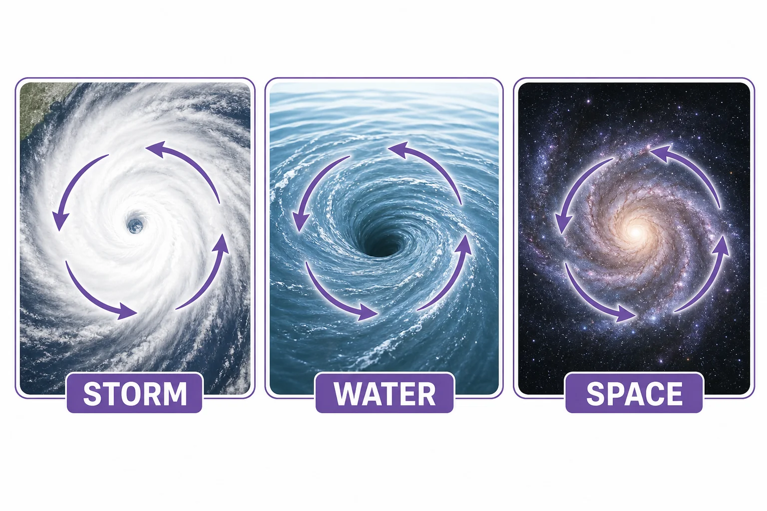 Three examples of motion spirals showing a hurricane, whirlpool, and spiral galaxy with arrows around their centers