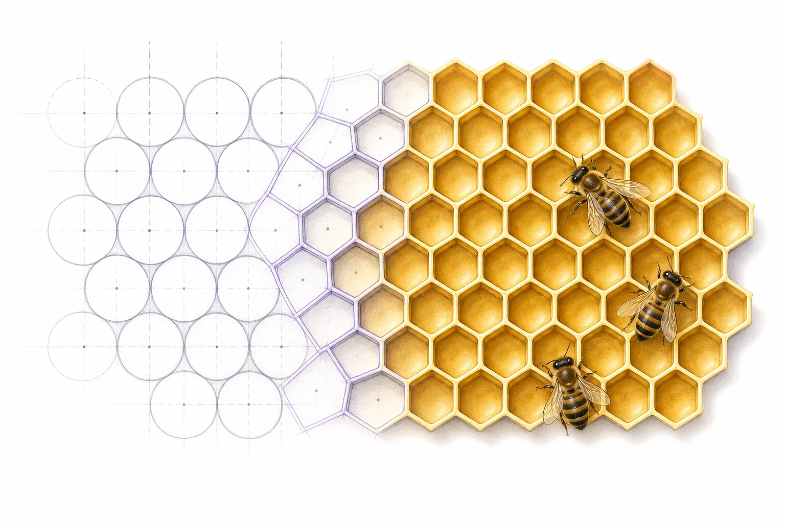 A honeybee beside a honeycomb pattern showing many connected hexagonal cells