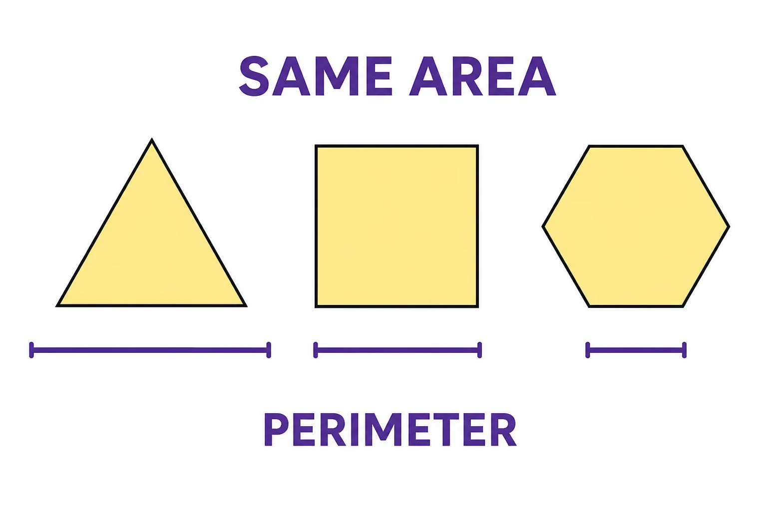 A triangle, square, and hexagon with equal area shown next to perimeter comparison bars