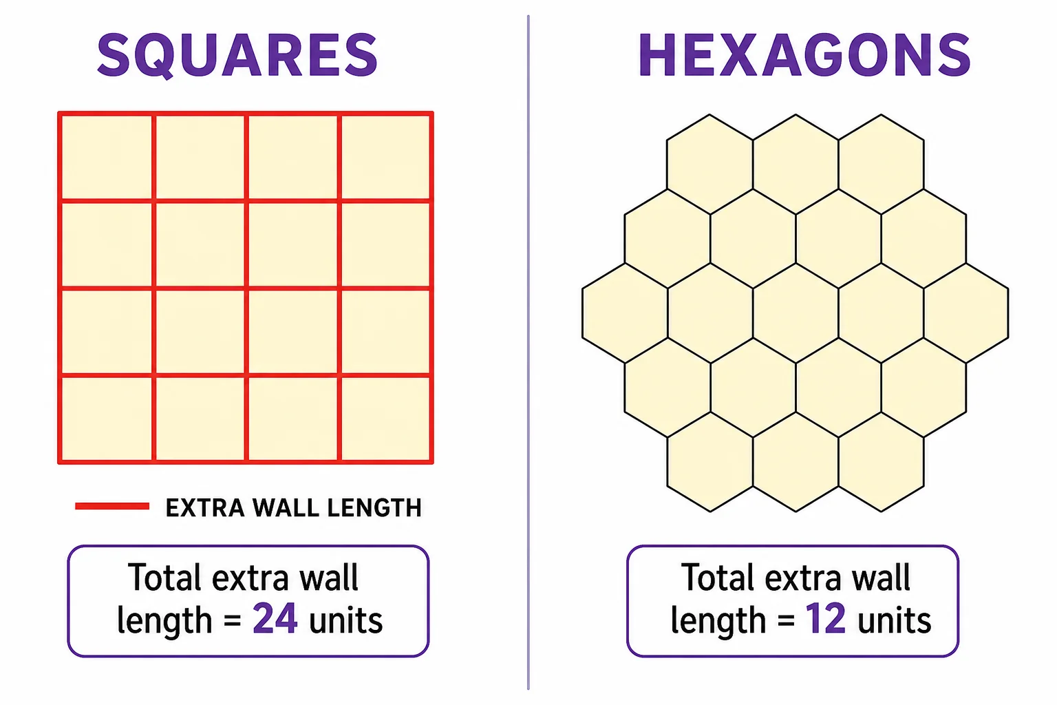 A square grid and hexagon grid with the same number of cells, showing extra wall length in the square grid