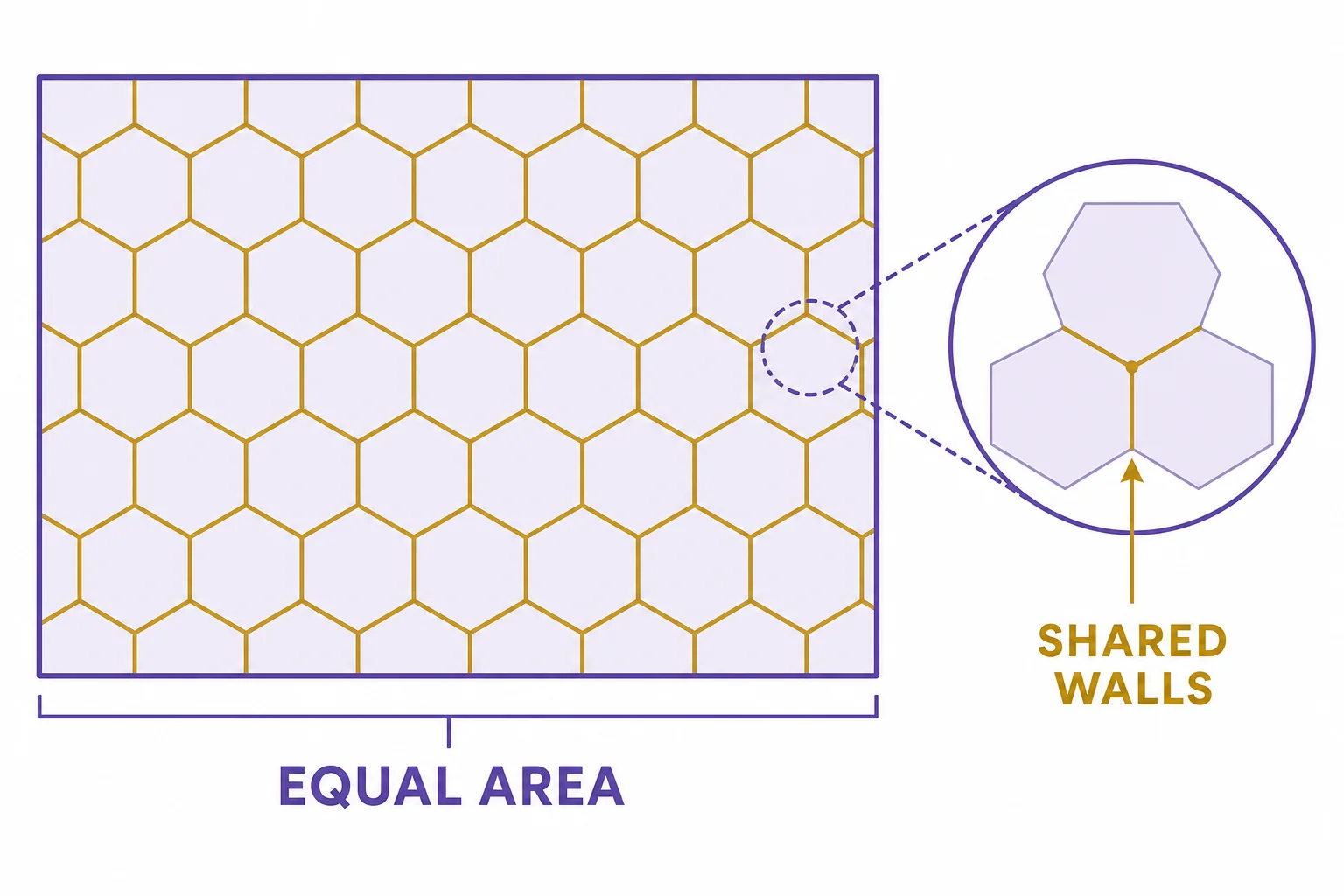 A diagram showing equal-area hexagonal cells inside a boundary with shared walls highlighted