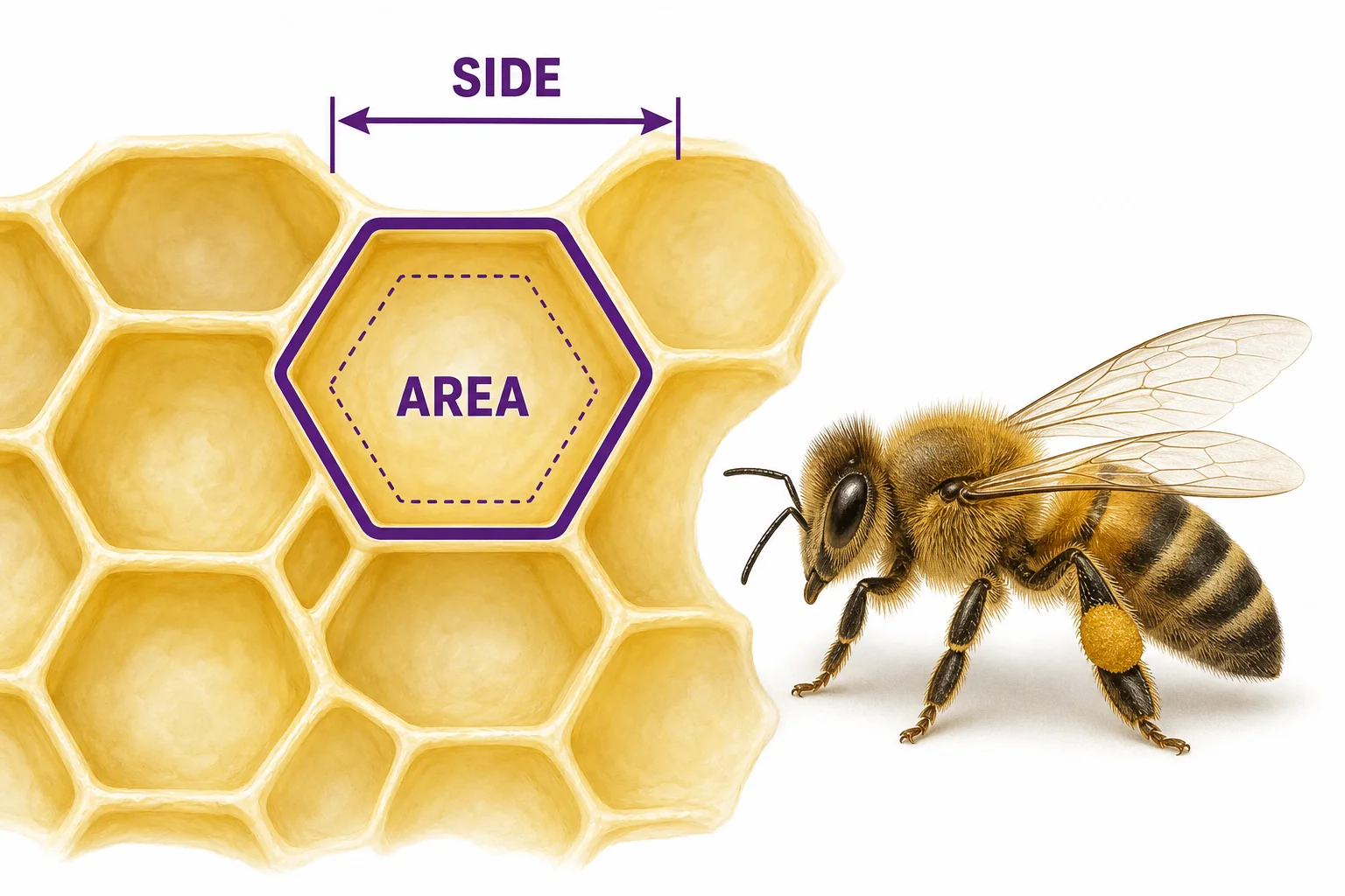 A bee near a close-up honeycomb cell with measurements of side length and area shown on the diagram