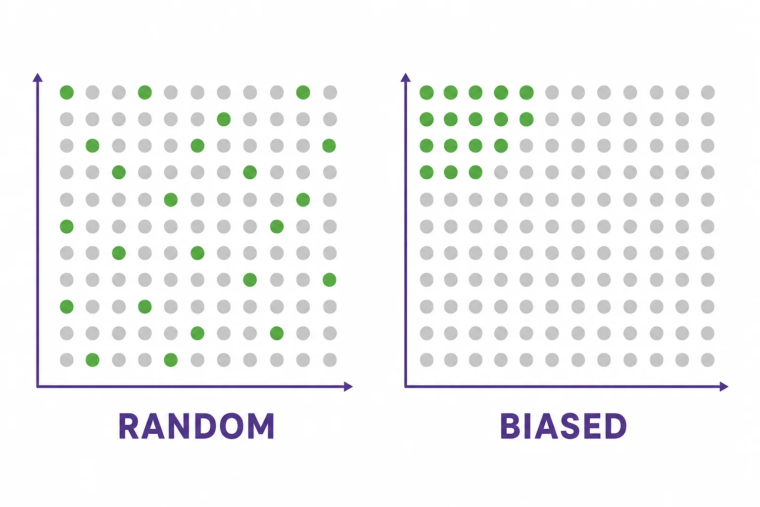 Two voter grids compared, one with dots chosen from many areas and one with dots chosen from only one corner