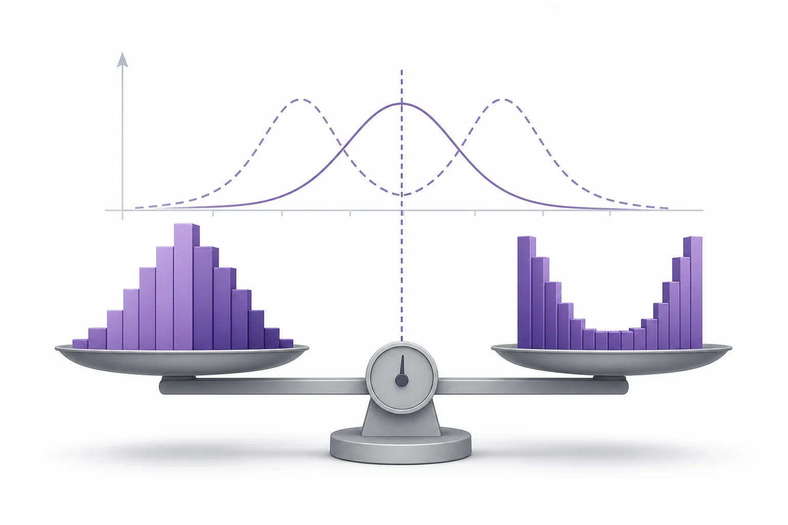A classroom data display showing two dot plots with the same mean but different spreads and one outlier pulling an average upward.
