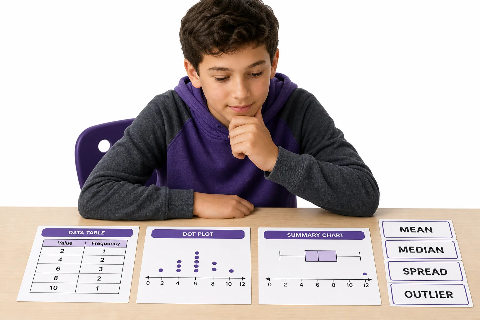 A student comparing a table, a dot plot, and summary cards for mean, median, outlier, and spread before choosing a data claim.