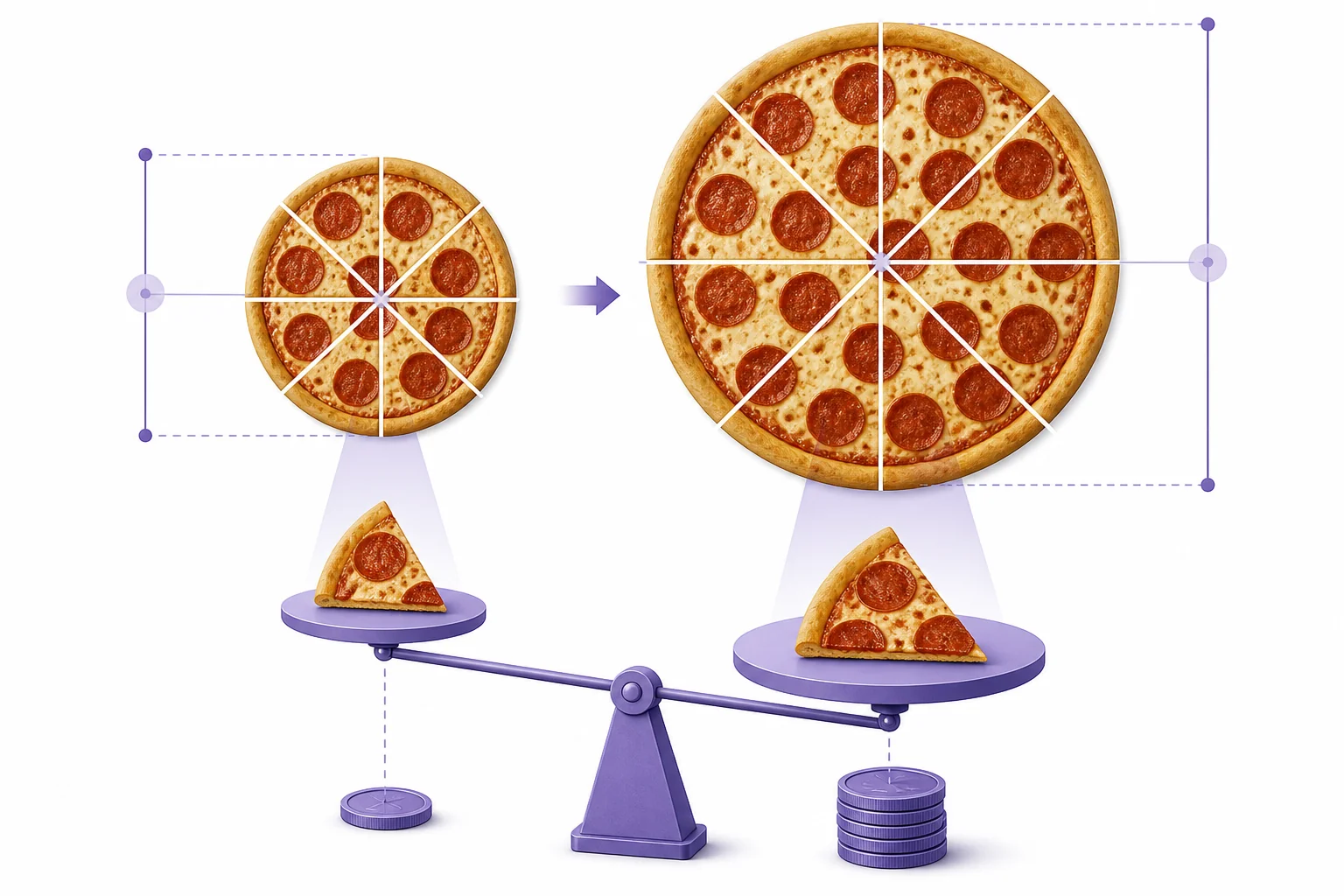 Three round pizzas with different diameters shown beside equal slice cuts to compare how total area changes with size.