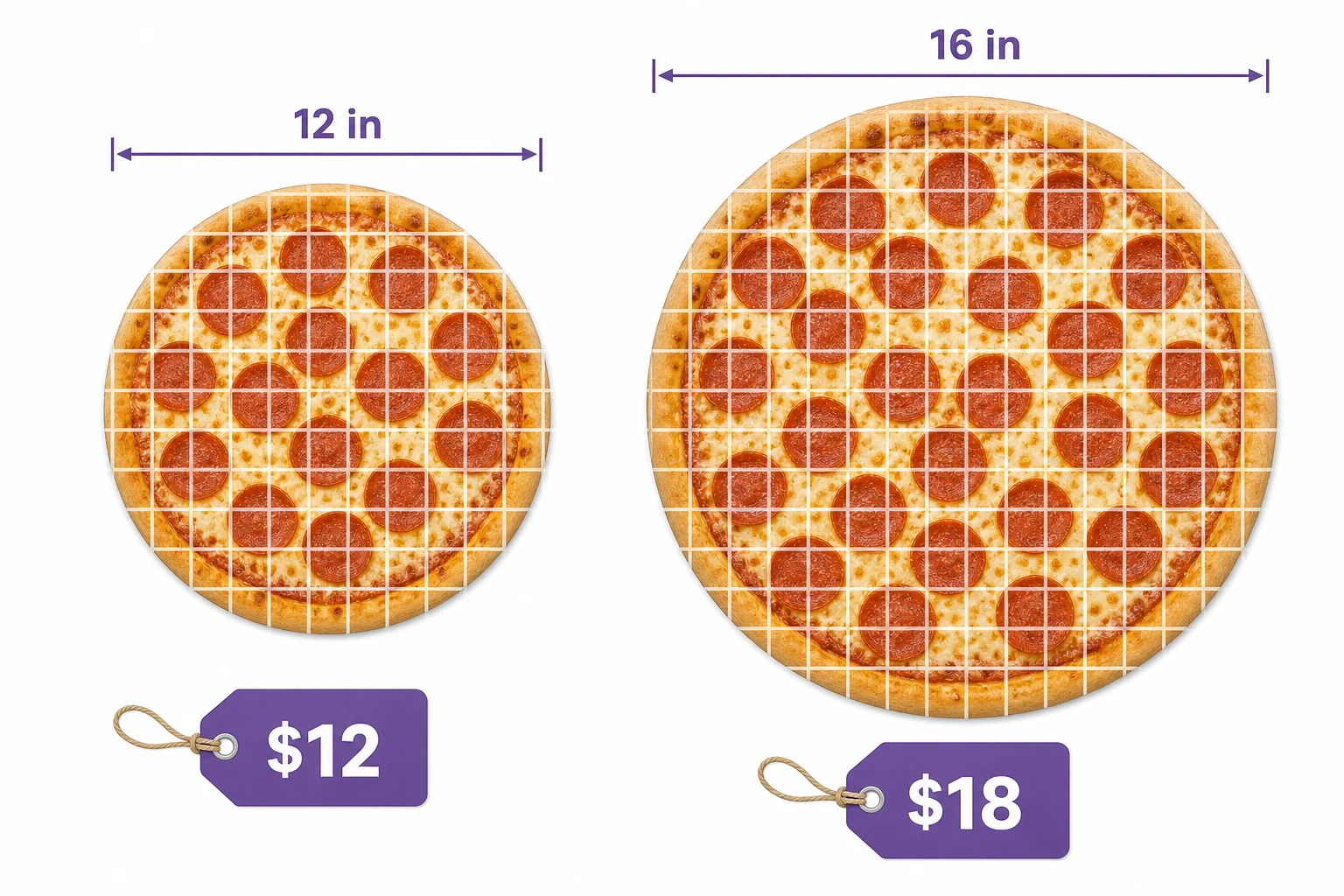 Two pizzas with price tags and square-inch grids used to compare cost per unit area.