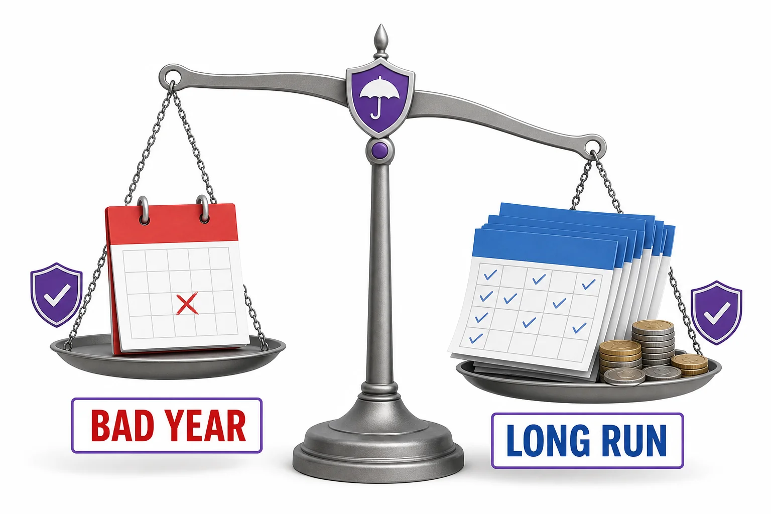 A balance scale comparing one bad year to many years with positive average results