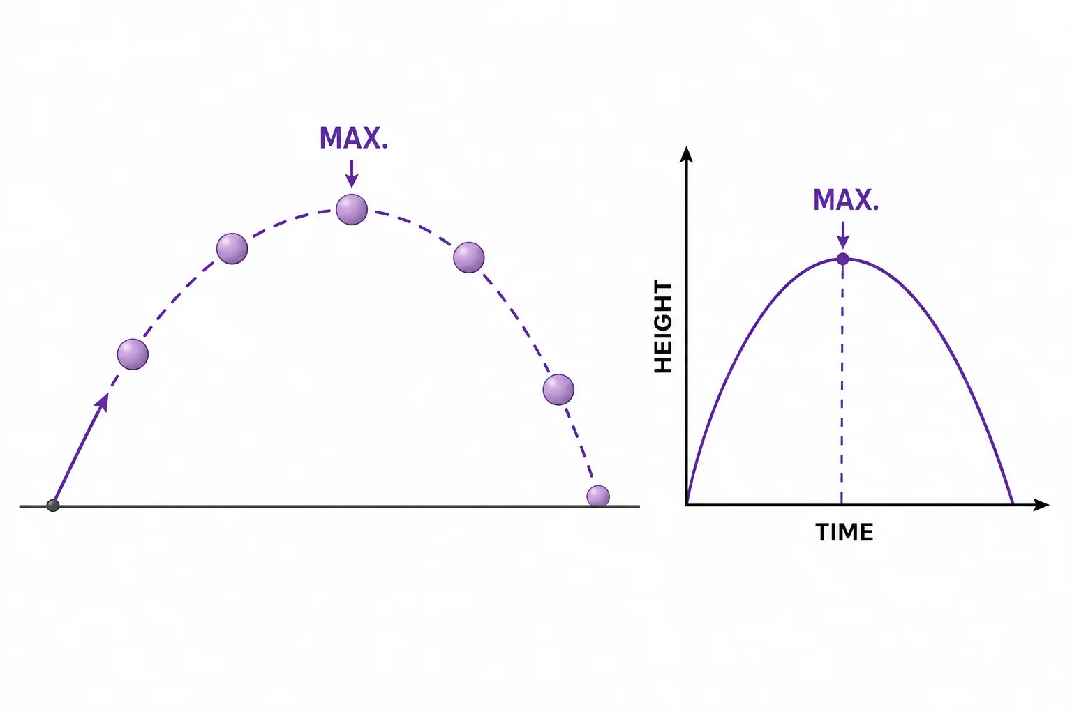 A ball following a downward-opening parabolic path with equal time positions marked along the arc and a height-time graph beside it.
