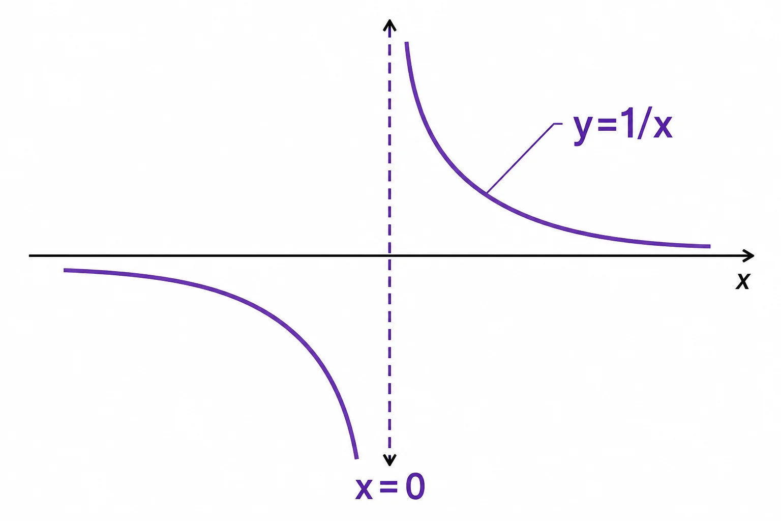 A coordinate graph of y equals one divided by x shows two branches approaching the y-axis without touching it, with a gap at x equals zero.