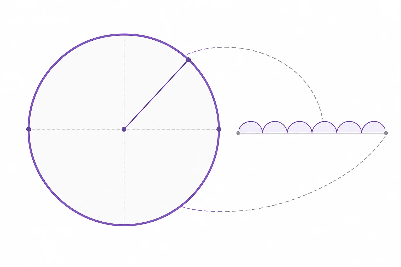 Several circles of different sizes with matching diameter and circumference measurements that show the same pi relationship.