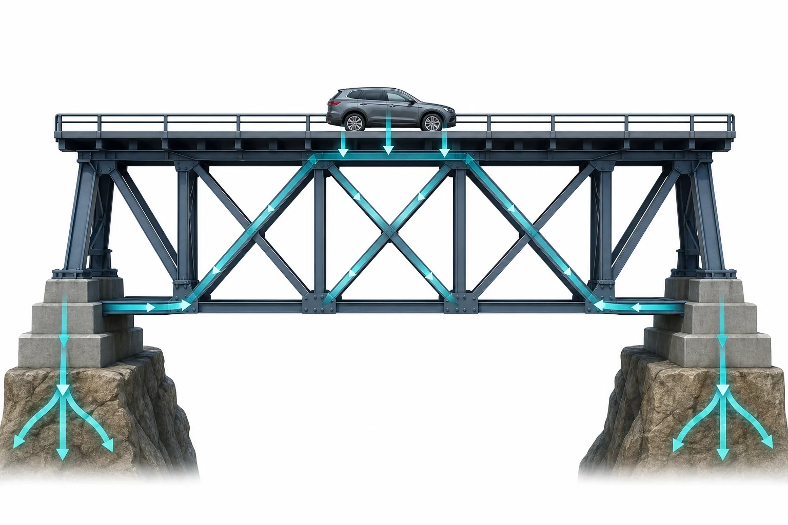 A bridge carrying cars with arrows showing downward weight and upward support forces at the road and bridge supports.