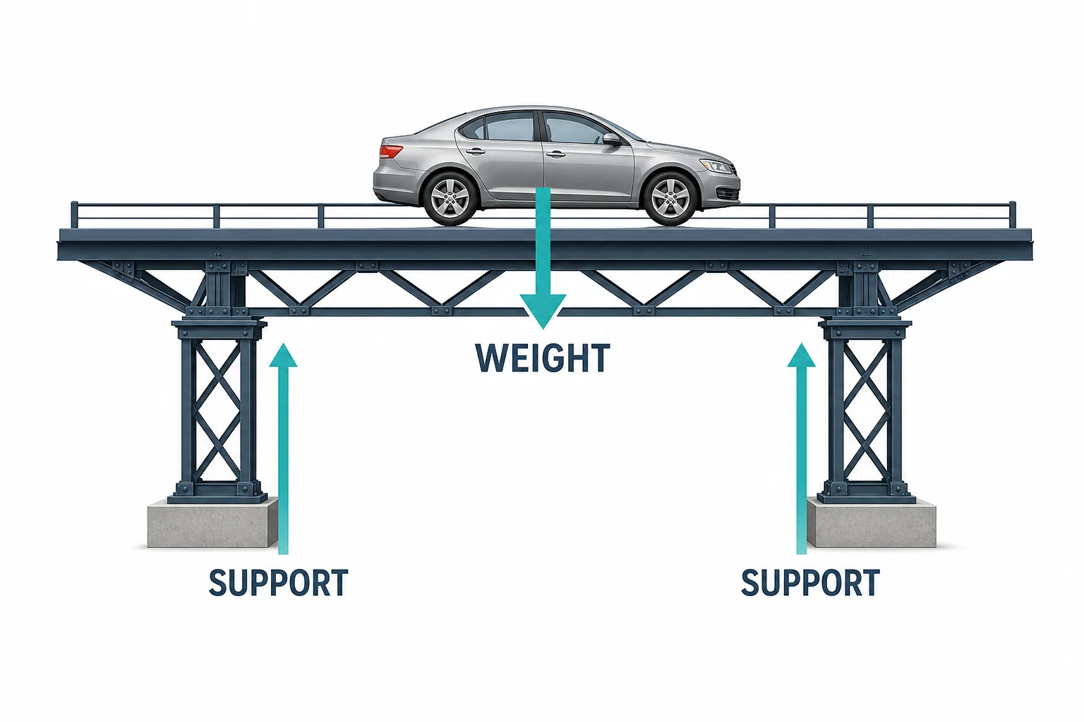 A car on a simple bridge deck with arrows showing the car pushing down and the bridge pushing up.