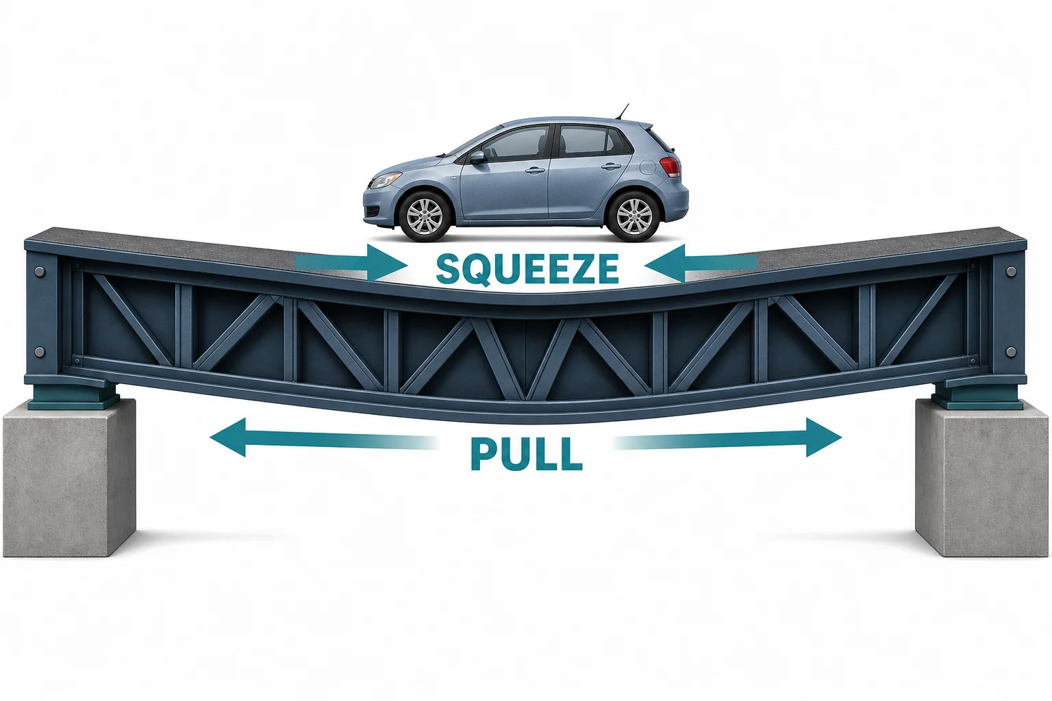 A bridge beam bending under a car, with the top marked as compression and the bottom marked as tension.