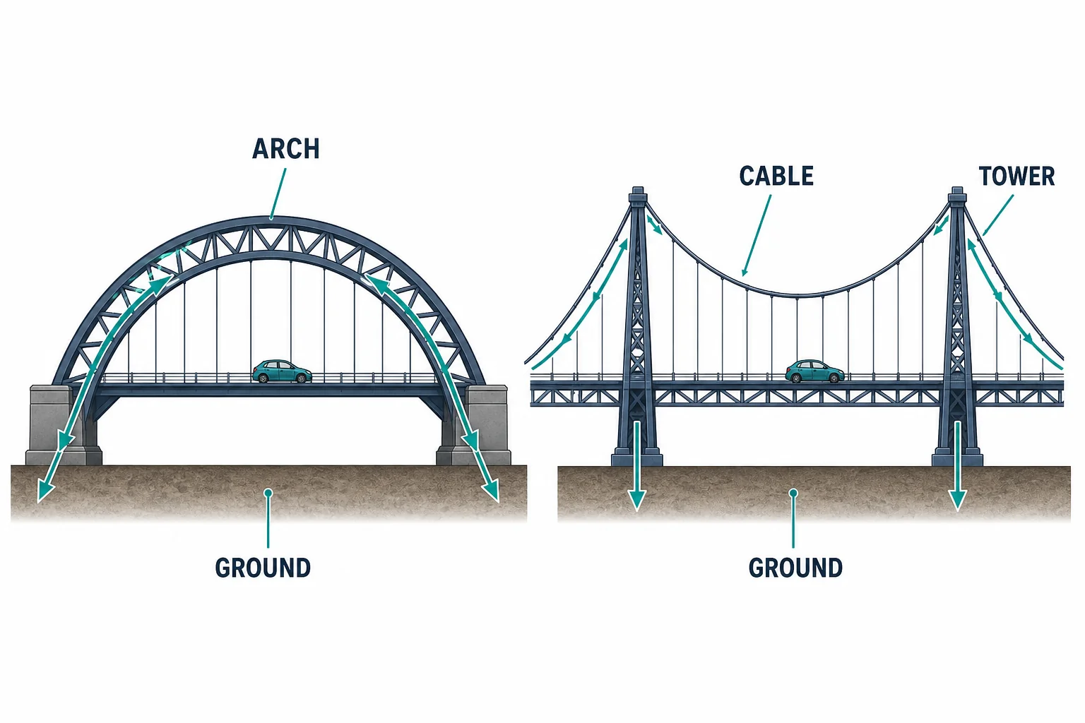 Side-by-side diagrams of an arch bridge and a suspension bridge showing force paths to the ground.