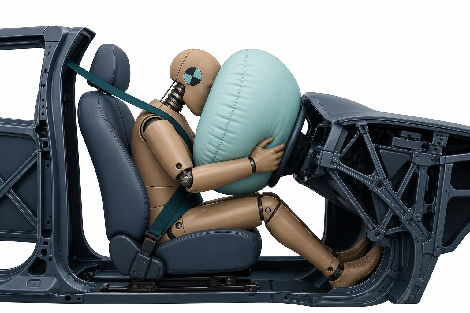 Cutaway view of a car crash showing a passenger moving forward into an inflated airbag while arrows show the passenger slowing down over time