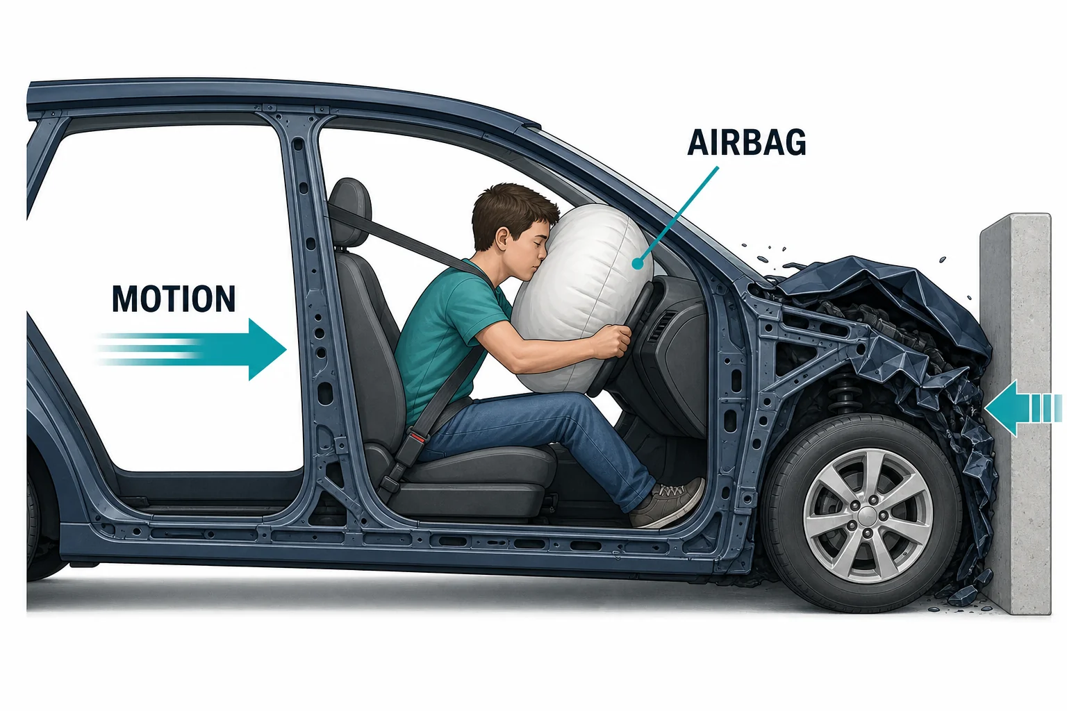 Side view sequence showing a passenger continuing forward as a car stops and an airbag inflates between the passenger and steering wheel