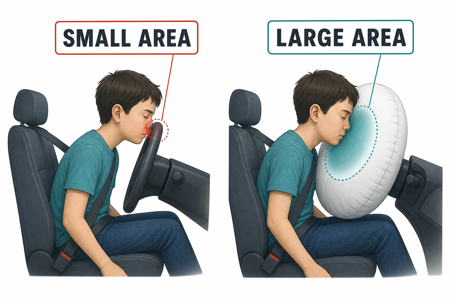 Comparison showing a small contact patch on a steering wheel and a larger contact patch on an airbag against a passenger