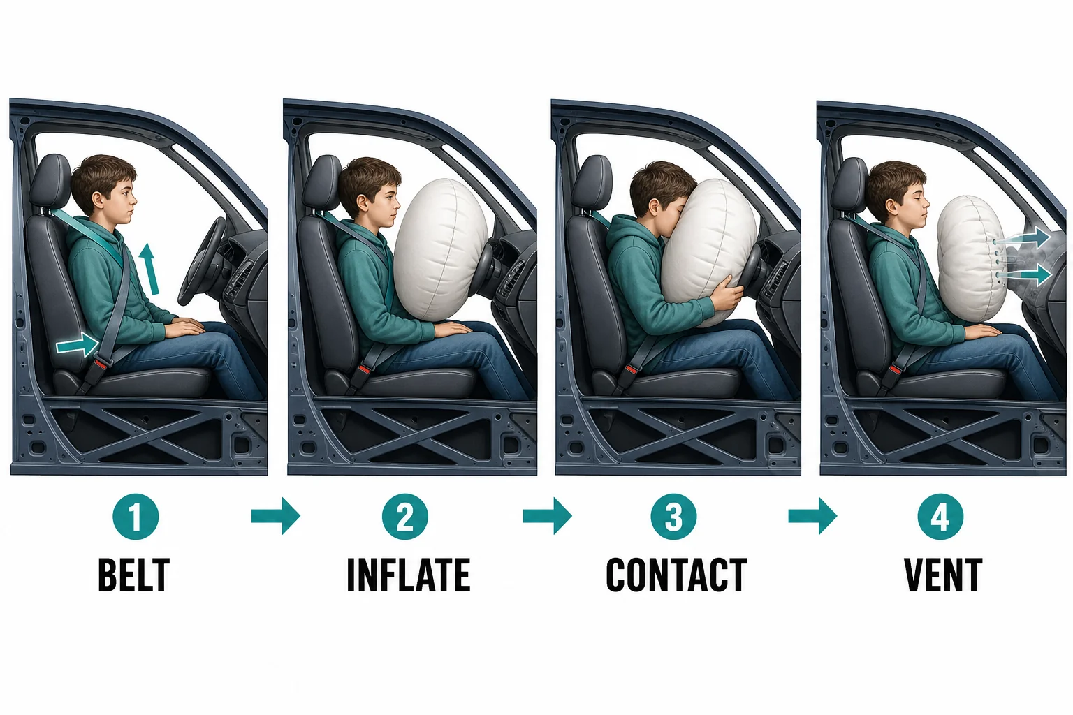 Step sequence showing seat belt restraint, airbag inflation, passenger contact, and airbag venting during a crash