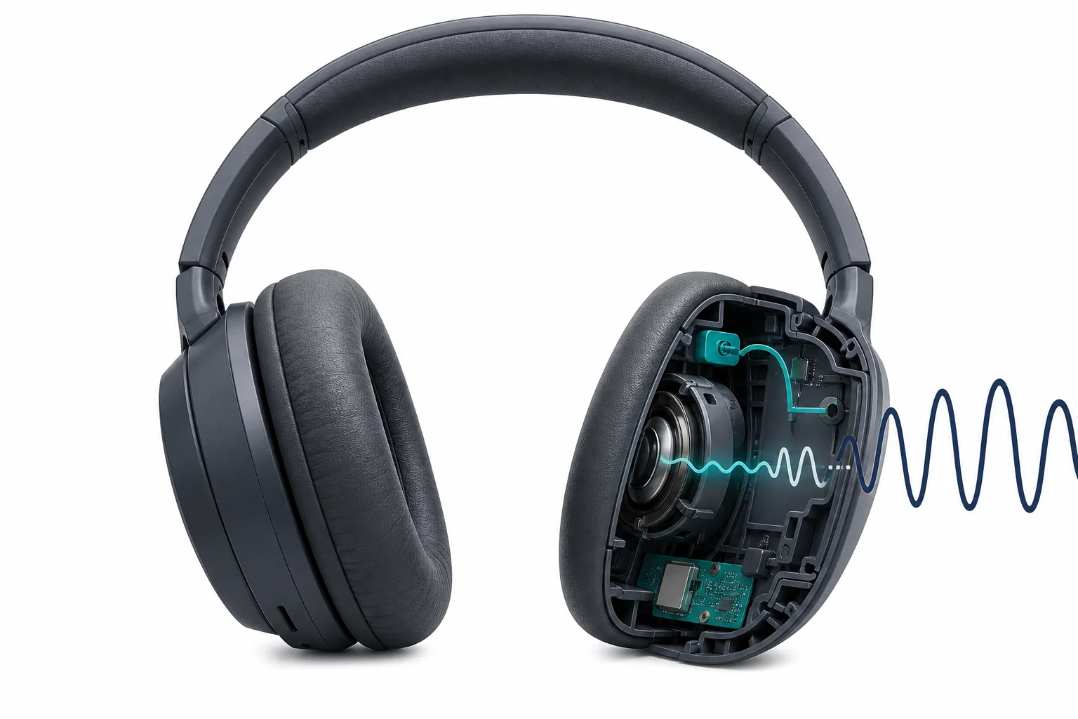 Diagram of headphones using microphones and a speaker signal to reduce incoming sound waves near an ear
