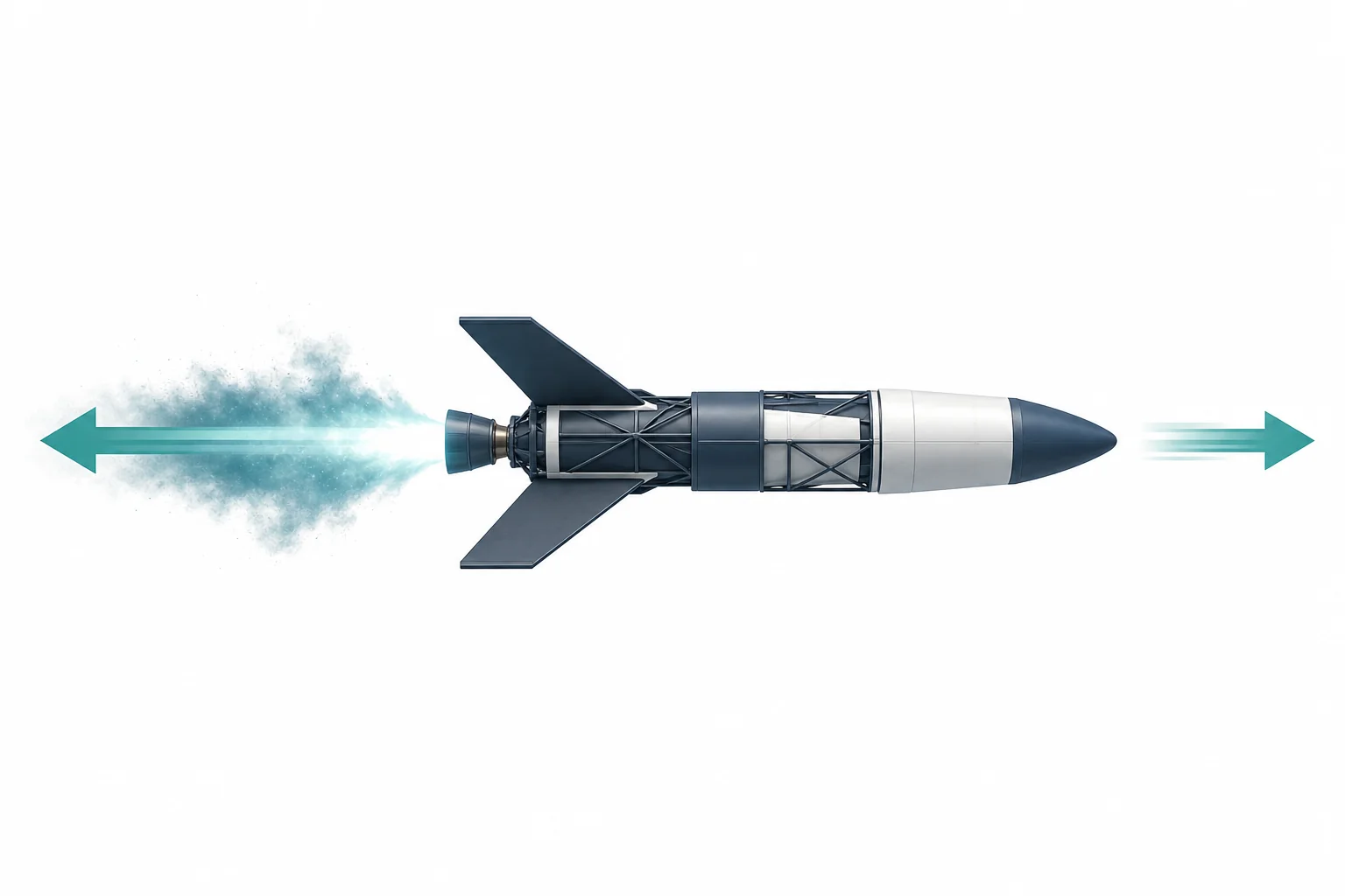 A rocket in space releasing exhaust backward while moving forward, showing the action and reaction forces involved in propulsion.